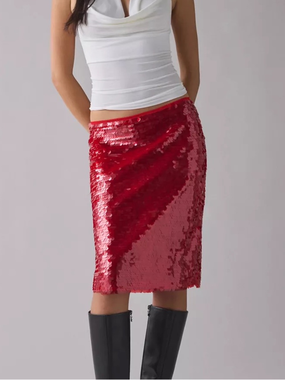 Urban Outfitters | UO Celia Paillette Sequin Low-Rise Midi Skirt Holiday Red New